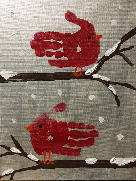 Handprint Cardinal For Kids, Hand Print Cardinals, Deer Handprint Craft, Cardinal Handprint Craft Kids, Bird Handprint Art, Handprint Cardinal, Winter Handprint Art, Winter Handprint, Christmas Art For Kids