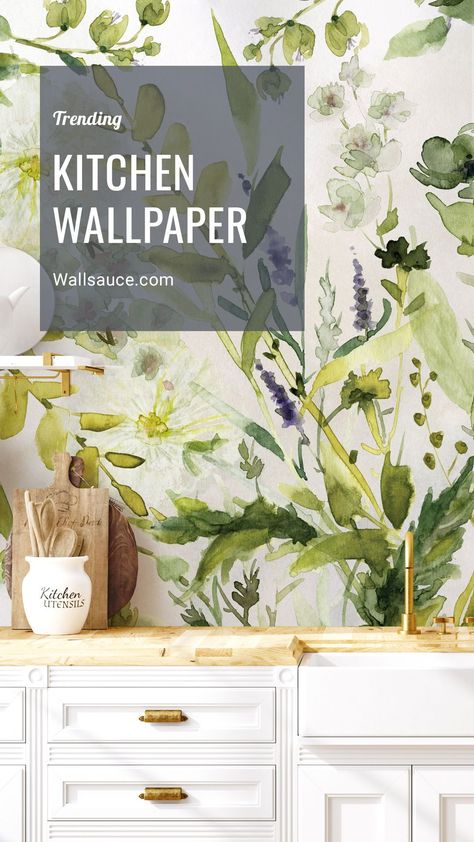 Backsplash With Wallpaper, Wallpaper For Kitchen Walls, Wallpaper For Kitchen The Wall Bohemian, Kitchen Wallpaper Accent Wall Ideas, Mural Wallpaper Kitchen, Funky Wallpaper Kitchen, Wallpaper Backgrounds Kitchen, Kitchen Backsplash Wallpaper Ideas, Botanical Wallpaper Kitchen