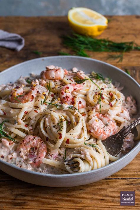 Salmon and prawn linguine with creme fraiche and fresh dill Prawn And Salmon Recipes, Salmon And Prawn Pasta, Shrimp And Salmon Pasta, Salmon And Shrimp Pasta, Prawn Linguine Recipe, Salmon Linguine, Salmon Pasta Recipe, Prawn Linguine, Creamy Salmon Pasta