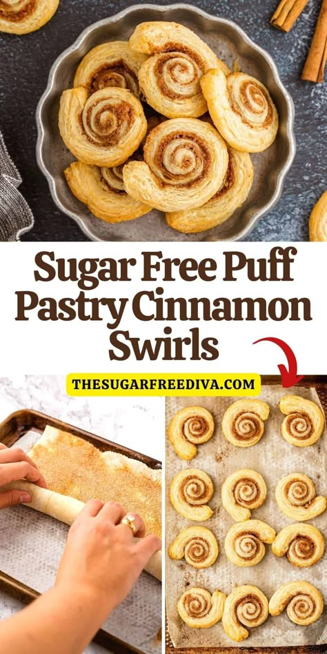 Sugar Free Puff Pastry Cinnamon Swirls, a simple breakfast, brunch, or dessert recipe made with three ingredients and no added sugar. Sugar Free Baking Recipes, Sugar Free Pastries, Puff Pastry Cinnamon, Cinnamon Swirls, Sugar Free Desserts Easy, Sugar Free Breakfast, Sugar Free Baking, Low Carbohydrate Recipes, Sugar Free Recipes Desserts