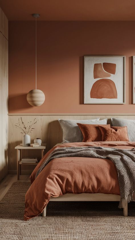 Ocre Color Palette Bedroom, Relaxing Colorful Bedroom, Orange Aesthetic Bedroom Ideas, Orange And Wood Bedroom, Bedroom Burnt Orange Accents, Bedroom Decor Master Color Schemes Neutral, Orange Toned Bedroom, Bedroom Orange Aesthetic, Orange Paint Colors For Bedroom