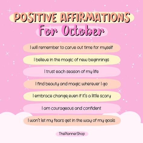 Here are some positive affirmations for the last week of October! 𝙎𝙖𝙫𝙚 𝙩𝙝𝙞𝙨 𝙛𝙤𝙧 𝙡𝙖𝙩𝙚𝙧, 𝙨𝙚𝙩 𝙩𝙝𝙚𝙨𝙚 𝙖𝙨 𝙧𝙚𝙢𝙞𝙣𝙙𝙚𝙧𝙨 𝙤𝙣 𝙮𝙤𝙪𝙧 𝙥𝙝𝙤𝙣𝙚, 𝙤𝙧 𝙬𝙧𝙞𝙩𝙚 𝙩𝙝𝙚𝙢 𝙤𝙣 𝙨𝙩𝙞𝙘𝙠𝙮 𝙣𝙤𝙩𝙚𝙨 𝙖𝙣𝙙 𝙥𝙪𝙩 𝙩𝙝𝙚𝙢 𝙨𝙤𝙢𝙚𝙬𝙝𝙚𝙧𝙚 𝙮𝙤𝙪 𝙘𝙖𝙣 𝙨𝙚𝙚 𝙩𝙝𝙚𝙢! 💫 #Affirmations #PositiveMindset #October October 1st Affirmations, Mantra For October, October Affirmations Positive, New Month Affirmations October, October Encouragement, Spooky Affirmations, October Reminder, Halloween Affirmations, Autumn Affirmations