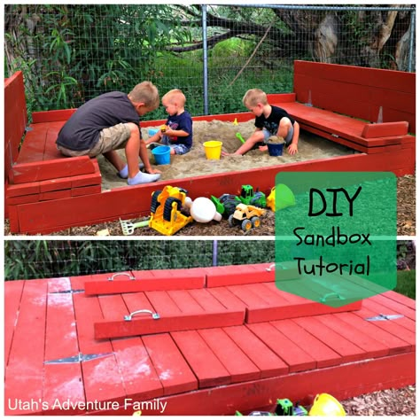 This sandbox is awesome with benches that turn into the cover!  Step-by-step tutorial on how to build it.  From Utah's Adventure Family Sandbox Ideas, Backyard Sandbox, Diy Sandbox, Utah Adventures, Outside Play, Outdoor Play Area, Backyard Play, Backyard Playground, Outdoor Stuff