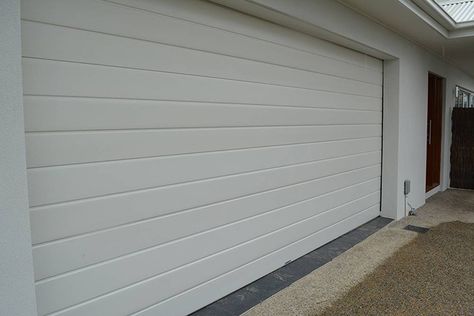 slimline surfmist Surfmist Garage Door, Garage Doors Modern, Coastal Facade, Modern Garage Door, House Paints, Modern Garage Doors, Garage Door Styles, Modern Coastal Home, Modern Doors