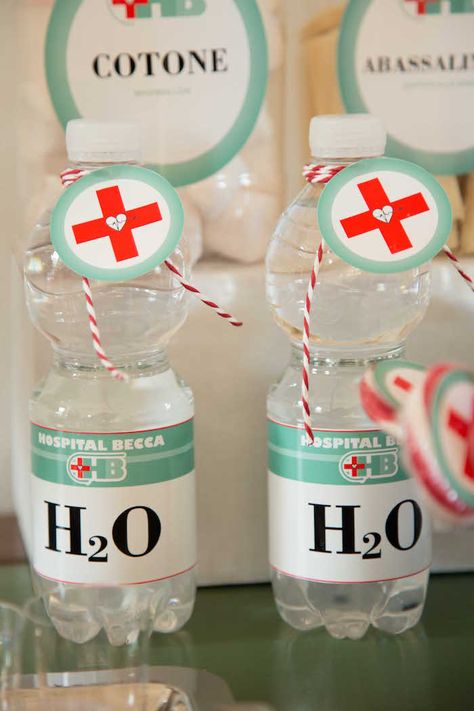 Water Bottles from a Doctor Themed Birthday Party via Kara's Party Ideas | KarasPartyIdeas.com (31) Medical School Graduation Party Ideas, Medical Themed Parties, Nurse Grad Parties, Nurse Graduation Party Decorations, Medical Party, Doctor Party, Doctor Birthday, Nursing School Graduation Party, Nurse Party