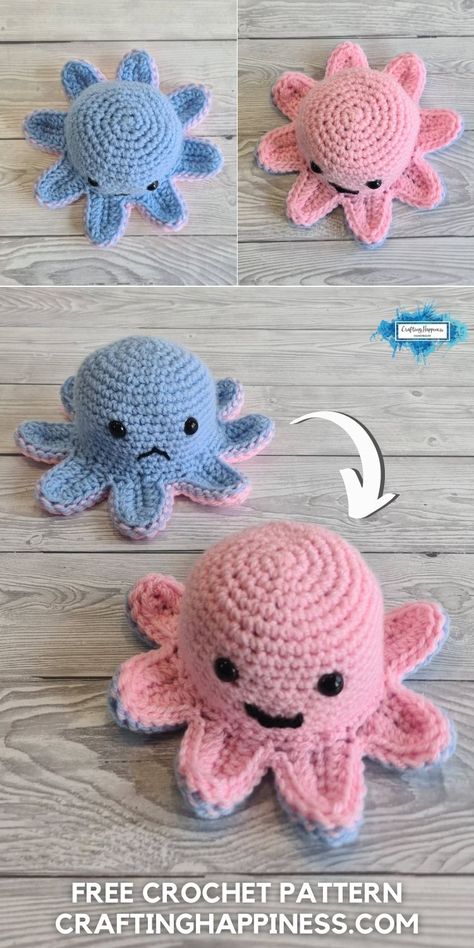 Crochet Reversible Octopus Plush Mood Toy, no sewing required. Free crochet pattern and step by step video tutorial by Crafting Happiness. Cute Octopus Crochet Pattern Free, Diy Reversible Octopus, Reversible Mood Octopus Crochet Pattern Free, Crochet Amigurumi Free Patterns Octopus, Octopus Yarn Craft, Reversable Octopus Crochet Pattern, Crochet Reversable Octopus, Reversable Octopus Plushy Aesthetic, Crochet Plush Jellyfish