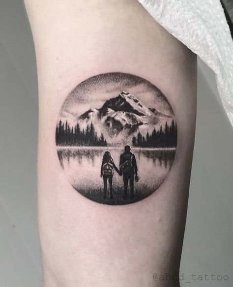 Budapest Tattoo, Tattoos Mountains, Layered Haircuts Short, Wilderness Tattoo, Tatuaje Cover Up, Adventure Tattoo, Bear Decal, Sunset Tattoos, Hiking Tattoo