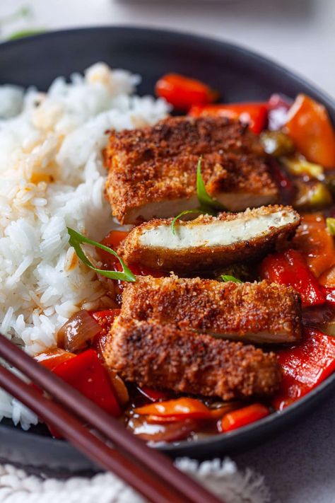 Tofu Steaks, Breaded Tofu, Breaded Steak, Tofu Steak, Fried Beans, Plant Based Whole Foods, Sesame Sauce, Crispy Tofu, Whole Food Diet