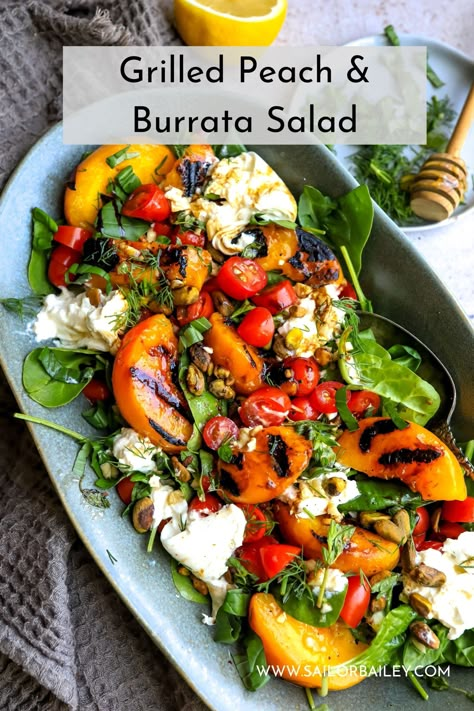 Grilled peach and burrata salad is easy to grill up, perfect summer salad and gathers both sweet and savory components. Ready in 20 minutes. via @sailor_bailey Peach And Buratta Salad, Grilled Peaches And Burrata Salad, Grilled Peach Appetizer, Best Burrata Salad, Summer Savory Recipes, Fall Peach Salad, Grilled Summer Salad, Easy Grill Food, Grilled Peach Salad Recipes