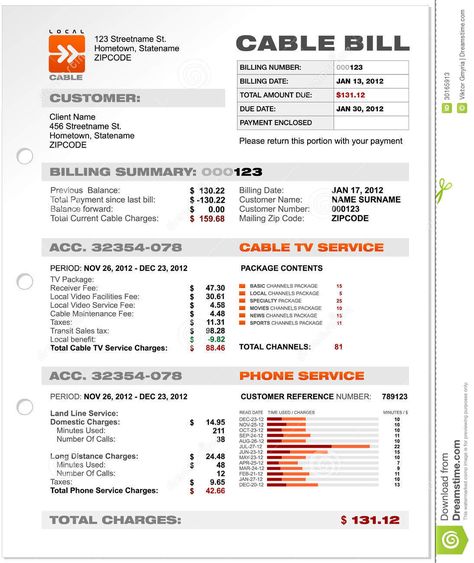 Illustration about Cable Service Phone Bill Document Sample, Document Template Vector. Illustration of land, business, template - 30165913 Fake Utility Bill Template, Gas Bill, Phone Bill, Bill Template, Utility Bill, Auto Body Shop, Tv Services, Pch Sweepstakes, Card Templates Free