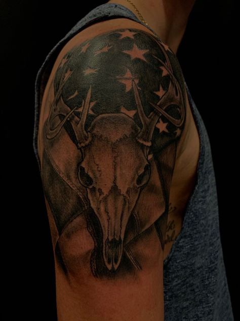 Hunting Shoulder Tattoos For Guys, Deer Skull Tattoo For Men, Deer Tattoo Men, Country Tattoos For Men, Boyfriend Tattoos, Rick Tattoo, Deer Hunting Tattoos, Deer Skull Tattoo, Elk Skull