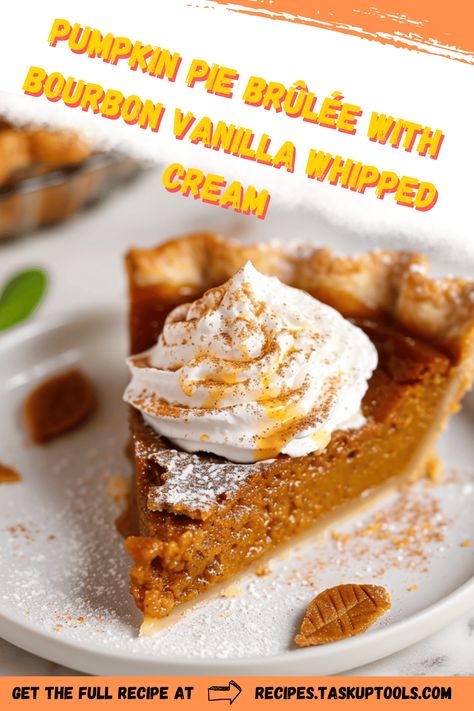 Indulge in the decadent flavors of fall with this Pumpkin Pie Brûlée topped with Bourbon Vanilla Whipped Cream. This unique twist on a classic dessert combines the creamy richness of pumpkin pie with a crispy, caramelized sugar crust that adds a delightful crunch to each bite. Elevate your Thanksgiving spread or any autumn gathering with this show-stopping dessert that offers a sophisticated blend of spices enhanced by the luxurious touch of bourbon-infused whipped cream. Discover a recipe that promises to impress your guests and become Bourbon Cream Pie, Crème Brûlée Pumpkin Pie, Pumpkin Bourbon Pie, Creme Brulee Pumpkin Pie, Buffalo Trace Bourbon Cream Recipes, Pumpkin Pie Creme Brulee, Bourbon Brulee Pumpkin Pie, Pumpkin Pie Brûlée With Bourbon Vanilla Whipped Cream, Bourbon Brûlée Pumpkin Pie