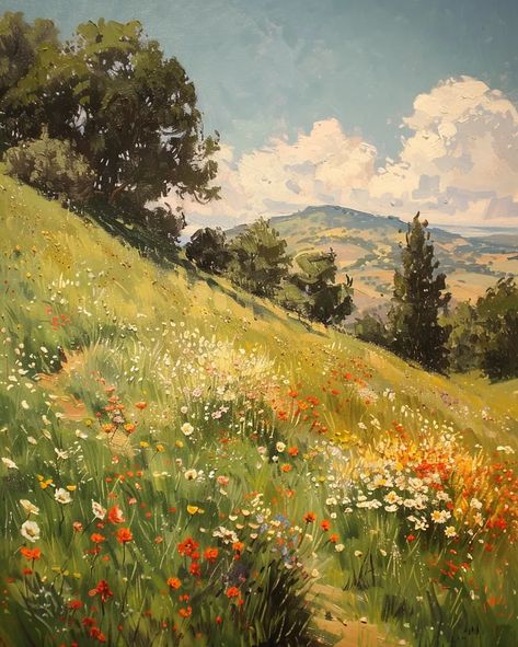 Painting Of Nature Landscape, Oil On Canvas Painting Landscapes, Morning Landscape Painting, Landscape Pastel Paintings, Landscape With Trees Painting, Beautiful Scenes Nature, How To Paint Flower Field, Meadow Watercolor Painting, Painting Of A Field