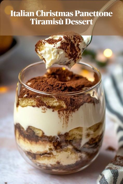 A unique Christmas dessert combining panettone and tiramisù, layered with mascarpone for a holiday twist. Treats To Give As Gifts, Elegant Christmas Cookies, Italian Christmas Desserts, Christmas Sweets And Treats, Easy Christmas Desserts, Traditional Holiday Recipes, Christmas Pastries, Christmas Desserts Easy, Holiday Sweets