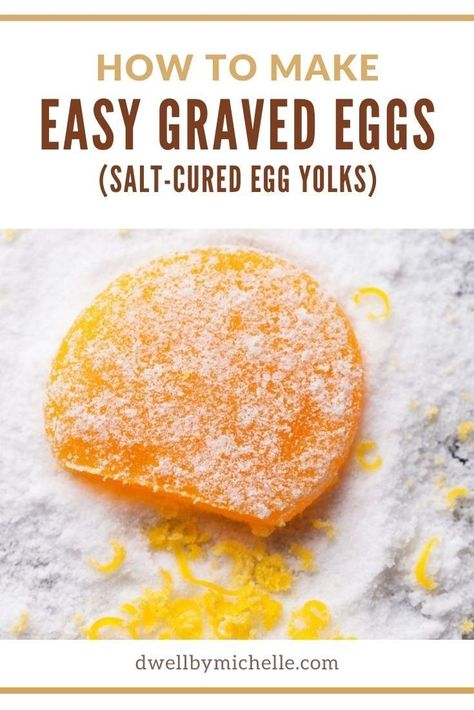 Have you tried graved eggs before? This easy graved eggs recipe takes just 5 minutes to prepare and yields delicious salt-cured egg yolks that pair well with salads, toasts, bowls, and so much more. Give it a try! Cured Egg Yolk Uses, Yok Recipe, Salt Cured Egg Yolks, Egg Yolk Uses, Appetizer Bread, Cured Egg Yolk, Egg Yolk Recipes, Cured Egg, Fancy Brunch