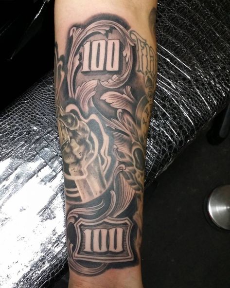 Money On Fire Tattoo, 100 Tattoo Design, 100 Dollar Bill Tattoo Designs, Dollar Bill Tattoo, 100 Dollar Bill Tattoo, Money Tattoo Designs, Tattoos Money, Money Sign Tattoo, Bill Tattoo