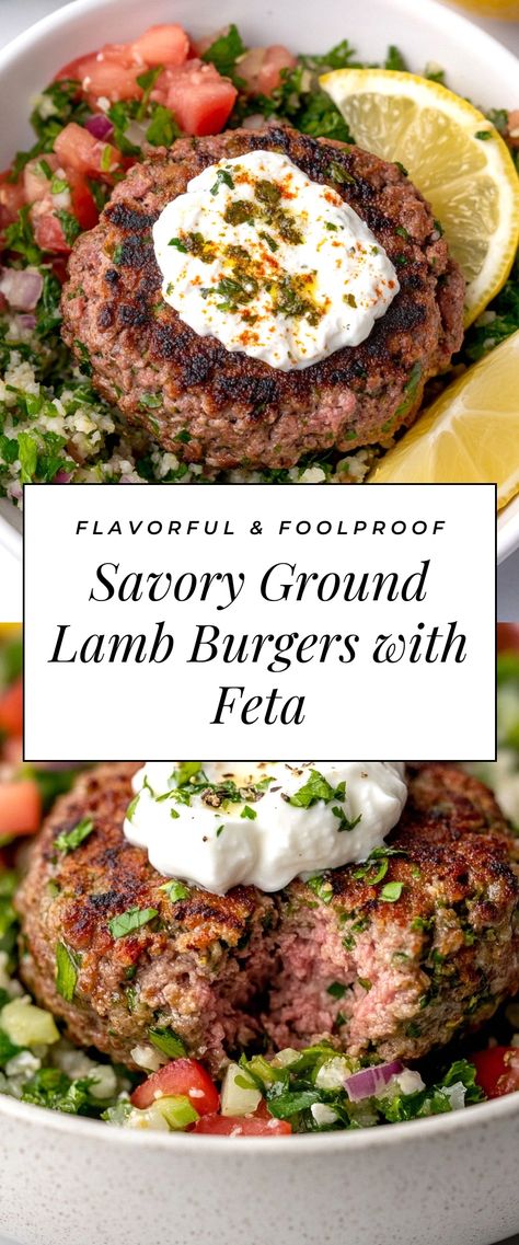 Image for Savory Ground Lamb Burgers with Feta Ground Lamb Feta Recipes, Lamb Feta Burgers, Lamb Burgers Patties, Ground Lamb Burgers, Lamb Burgers With Feta, Lamb Breakfast, Lamb Burger Recipe, Mediterranean Lamb, Lamb Burger Recipes