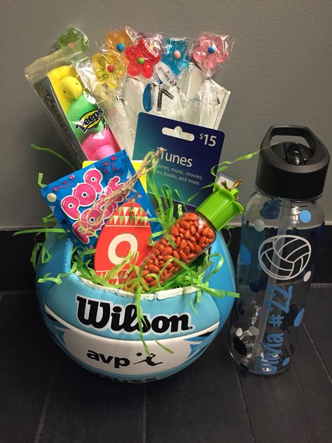 Volleyball Easter Basket Big Sis Volleyball Gifts, Cute Senior Volleyball Gifts, Volleyball Baskets Gift Ideas, Senior Volleyball Baskets, Coaches Gift Ideas Volleyball, Senior Night Basket Volleyball, Volleyball Coach Gift Basket, Volleyball Gift Basket Ideas, Senior Night Volleyball Gift Baskets