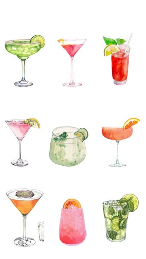 Unique hand-drawn cocktail recipe ClipArt, perfect for creating personalized event materials and promotional graphics. Watercolor Cocktail Art, Vodka Cran, Cocktails Drawing, Cocktail Invitation, Menu Design Layout, Cocktails Clipart, Cocktail Images, Menu Art, Cocktail Illustration