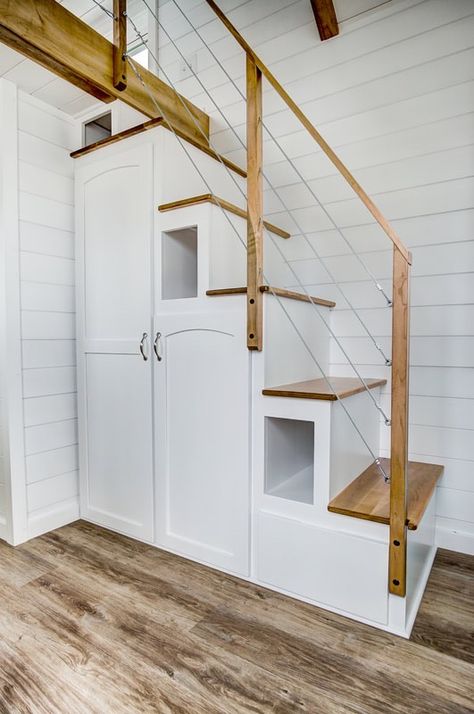 The Kitty Hawk Tiny House by Modern Tiny Living Tiny Cabin Stairs, Diy Tiny House Stairs, Tiny Home Loft Stairs, Pull Down Loft Stairs, Stairs In Tiny House, Tiny House Storage Stairs, Tiny House With Stairs, Tiny House Loft Stairs, Tiny House Stairs Storage