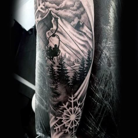 60 Skiing Tattoos For Men                                                                                                                                                     More Skiing Tattoos, Mountain Sleeve Tattoo, Snowboard Tattoo, Snowboarding Tattoo, Skiing Tattoo, Winter Tattoo, Snow Tattoo, Mangas Tattoo, Nature Tattoo Sleeve