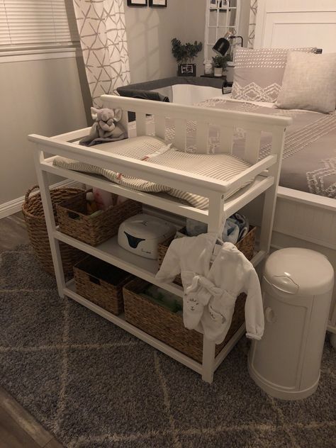 Space Saving Changing Table, Simple Changing Table, Bedside Nursery Ideas Small Room, Small Changing Table Ideas, Newborn Bedside Station, Bedside Baby Station, Baby Changing Table Ideas, Changing Table Redo, Changing Table Ideas