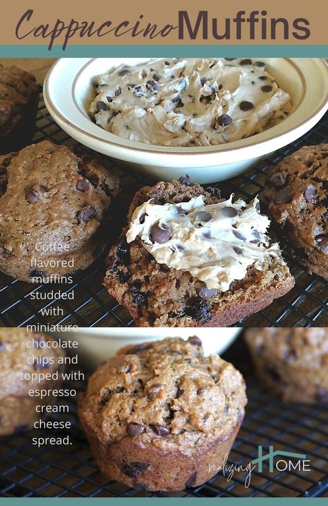 Cappuccino Chip Muffins, Cream Cheese Chocolate Chip Muffins, Espresso Chip Muffins, Flavored Cream Cheese Recipes, Espresso Muffins, Cappuccino Muffins Recipes, Chocolate Cappuccino Muffins, Cappuchino Muffins, Cappuccino Cupcakes Recipe