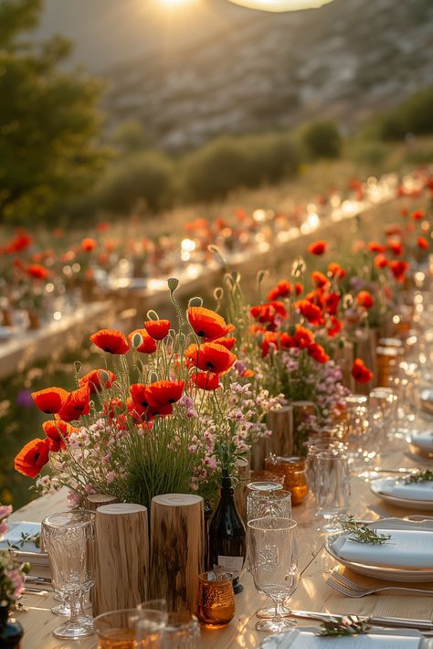 31+ Garden-Inspired Wildflower Tables for Wedding Bliss Wildflower Wedding Table, Tables For Wedding, Farm Table Wedding, Wedding Table Setting Ideas, Wildflower Centerpieces, Wildflower Wedding Theme, Summer Camp Wedding, Late Summer Weddings, Poppy Fields