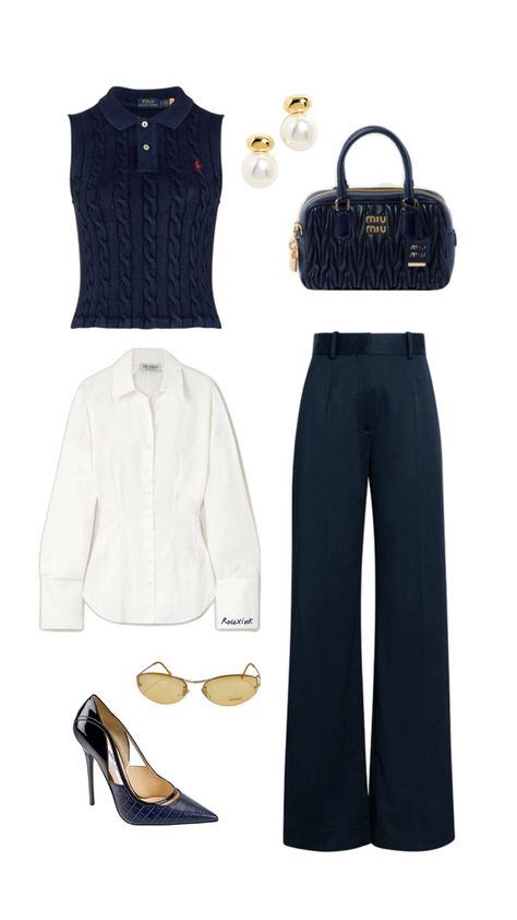 Navy Blue Trousers Outfit, Navy Trousers Outfit, Navy Blue Business Casual, Blue Trousers Outfit, Business Casual Outfit Ideas, Navy Office, Cream Handbag, Cream Outfit, Business Casual Outfit