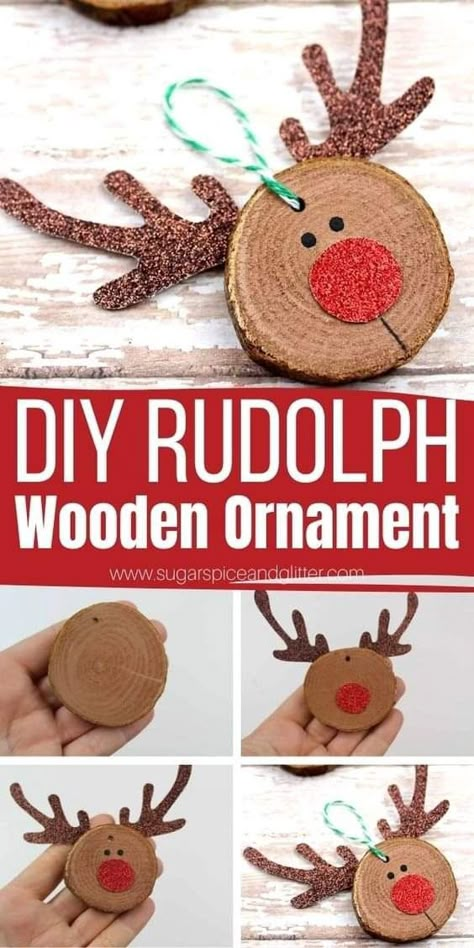 Christmas Ornaments Diy 2nd Grade, Ornaments Using Wood Slices, Diy Ornament Wood Slice, Crafts From Wood Slices, Diy Wood Ornaments Kids, Christmas Ornaments Wood Diy, Diy Rudolph Ornament, Cute Christmas Ornaments Diy Kids, Christmas Craft With Wood Slices