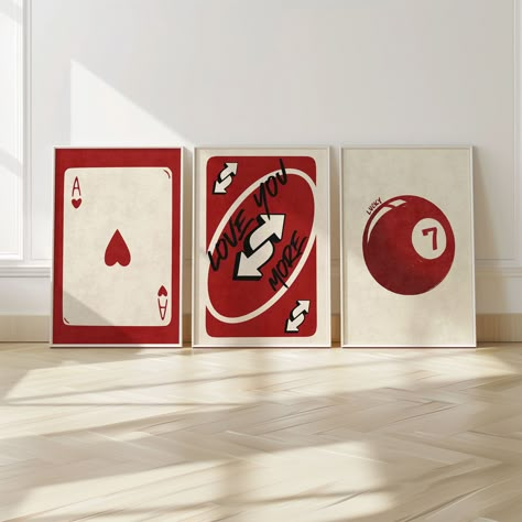 Trendy Retro Set Of 3 Piece Wall Art, Love You More Wall Art, 7 Ball Poster, Ace Card Print, 3 Piece Wall Art, Red Wall Art Set Midcentury Modern Art Wall, 3 Part Wall Art, Big Art Bedroom, Games Room Wall Art, Room Decor Bedroom Retro, Apartment Posters Aesthetic, College Poster Wall, Pool Ball Drawing, Love You More Uno Card