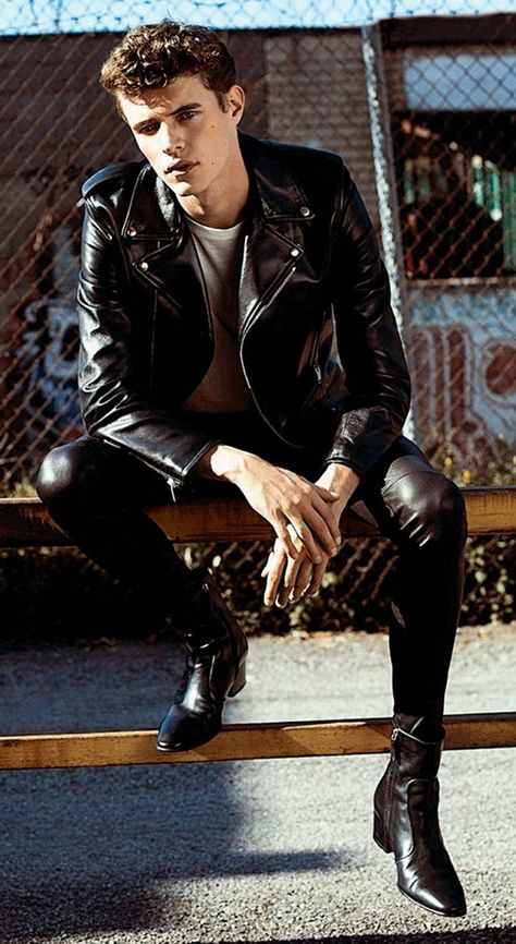 Leather Jacket Men Photoshoot, Leather Jacket Pose Men, Guys In Leather Pants, Cowboy Black Outfit Men, Men In Leather Pants, Guy With Leather Jacket, Men Leather Outfit, Men In Leather Jackets, Men Black Pants Outfit