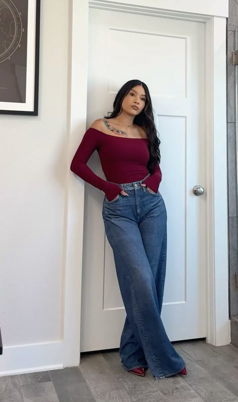 Wide leg high rise jeans, maroon burgundy poinyy kitten heels, maroon burgundy pff the shoulder long sleeve top.  #outfitideas #holidayoutfit #christmaslook #widelegjeans #whattowear #easyoutfits Cute Day Outfits Winter, Mid Weight Women Outfit, Long Sleeve Going Out Tops Outfit, Styling Off Shoulder Tops, Summer Size 12 Outfits, Casual Mexican Outfits For Women, Feminine Simple Outfits, Basic Christmas Outfits, Full Length Tops Outfit