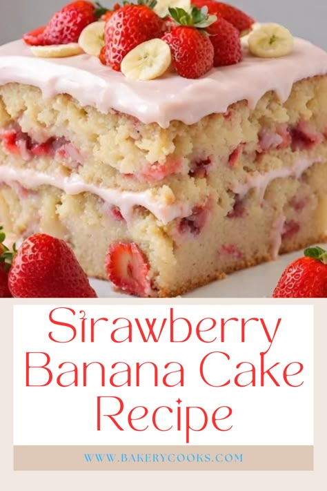 Indulge in the delightful fusion of flavors with our Strawberry Banana Cake Recipe. Moist and tender, this cake combines the sweetness of ripe bananas with the tartness of fresh strawberries. Perfect for any occasion, it's a slice of fruity bliss in every bite. Strawberry Banana Bundt Cake, Strawberry Banana Shortcake, Banana Bliss Cake, Strawberry And Banana Cake, Strawberry Banana Pudding Cake, Banana And Strawberry Recipes, Strawberry And Banana Dessert, Strawberry Banana Cake Recipe, Banana Strawberry Cake