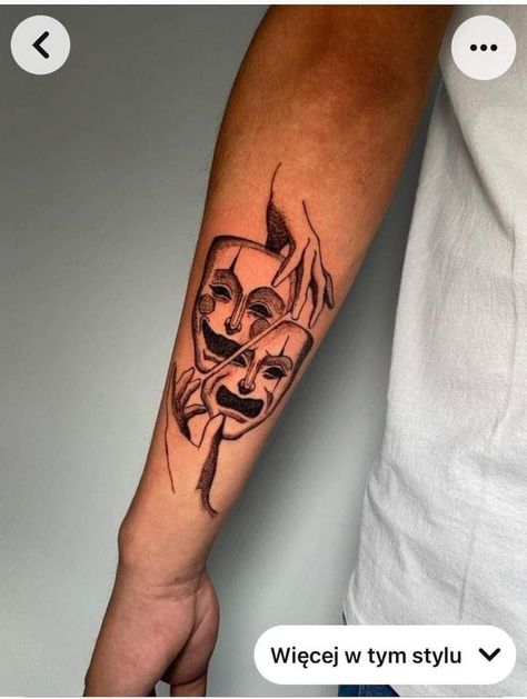 2 Faces Tattoo Men, 2 Face Mask Tattoo, Wrist Tattoos Men Sleeve, Tattoo Mask Face, Masked Face Tattoo, Two Mask Tattoo, Two Face Mask Tattoo, Theatre Faces Tattoo, Two Face Tattoo Men