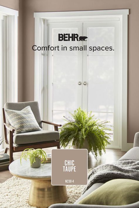 Make the most out of your nook with BEHR’s Chic Taupe, perfect for warm and cozy nights in. Chic Taupe Behr Paint, Behr Color Palettes, Neutral Kitchen Colors, Taupe Living Room, Taupe Paint Colors, Colorful Rooms, November Colors, Taupe Paint, Behr Colors