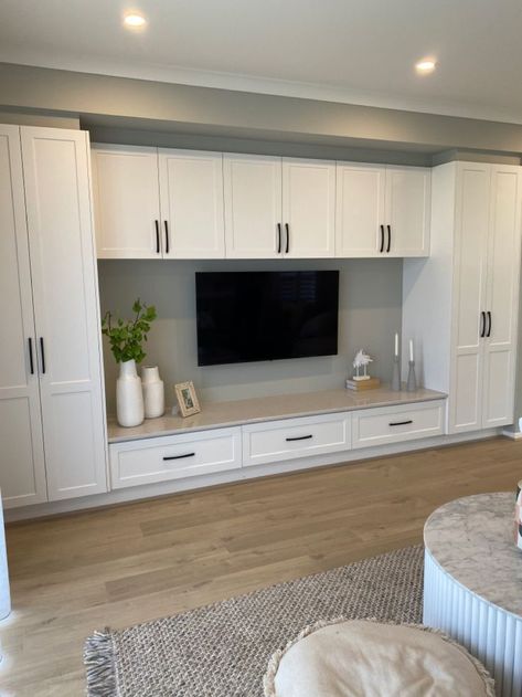 Window Panelling Design, Tv Closet Living Room, Wardrobe Ideas With Tv, Ikea Built In Tv Wall Unit, Living Room With Wardrobe, Tv Wall Design With Storage, Living Room Wardrobe Ideas, Built In Around Tv, Tv Wall Unit With Storage