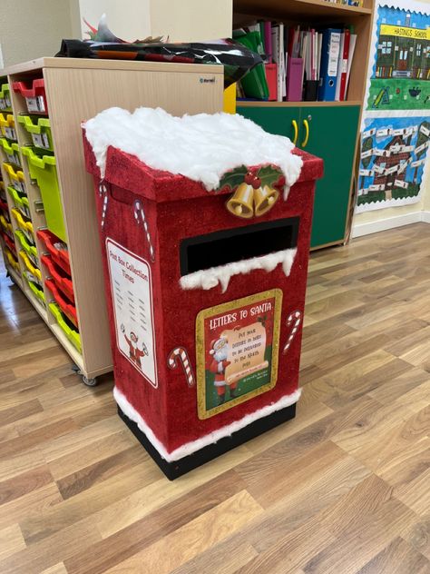 Christmas Decor Ideas For Kindergarten Classroom, Christmas Post Box Diy, Diy Letters To Santa Mailbox Christmas, Toy Drive Box Ideas Christmas, Santa’s Mailbox Diy, Santa Post Box Diy, Diy Santa Mailbox Ideas, Santa Mailbox Ideas, Letters To Santa Mailbox Diy