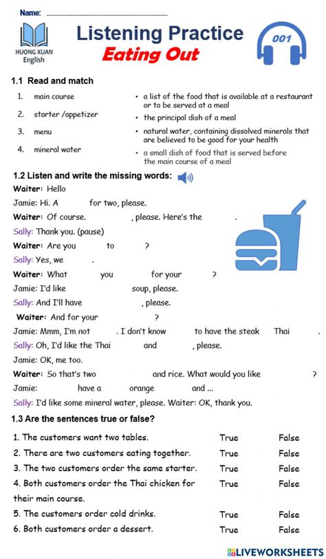 Ordering Food Worksheet, Listening Activities For Adults, Listening Skills Worksheets, English Liveworksheet, Food Worksheet, Listening Activities, English Listening, Listening Test, Teacher Activities