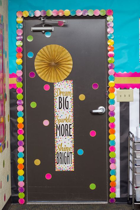 Neon Classroom Decor, Confetti Classroom, Classroom Kindness, Classroom Door Decorations, Bright Classroom, Polka Dot Classroom, Confetti Theme, Simple Door, Rainbow Classroom