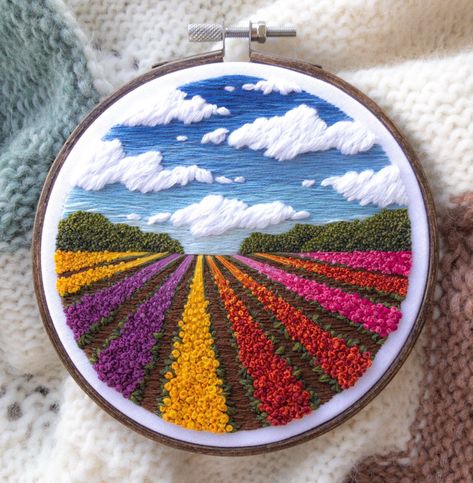 Tulip Field Embroidery, Landscape Embroidery, Tulip Field, Hand Embroidery Patterns Flowers, Handmade Embroidery Designs, Pola Sulam, Hand Embroidery Projects, Punch Needle Embroidery, Thread Painting