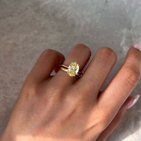 The Chelsea with custom knife edge band💍 💎Details -Fancy yellow -Oval cut -VS1 -2.5ct -18k yellow gold #engagementring #ovalengagementring #proposal Colored Wedding Rings, Fancy Color Diamond Ring, Yellow Diamonds Engagement, Yellow Diamonds, Custom Knife, Engagement Rings Oval, Lucky Girl, Unique Engagement, Fancy Color Diamonds