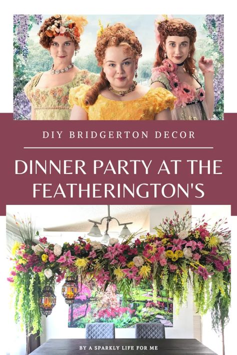 Dinner Party at the Featherington’s – Bridgerton Inspired – DIY Floral Arch Décor Brigington Party, Bridgerton Inspired Crafts, Bridgerton Dinner Party, Bridgestone Party, Bridgerton Party Ideas, Diy Floral Arch, Bridgerton Christmas, Bridgeton Party, Bridgerton Decor