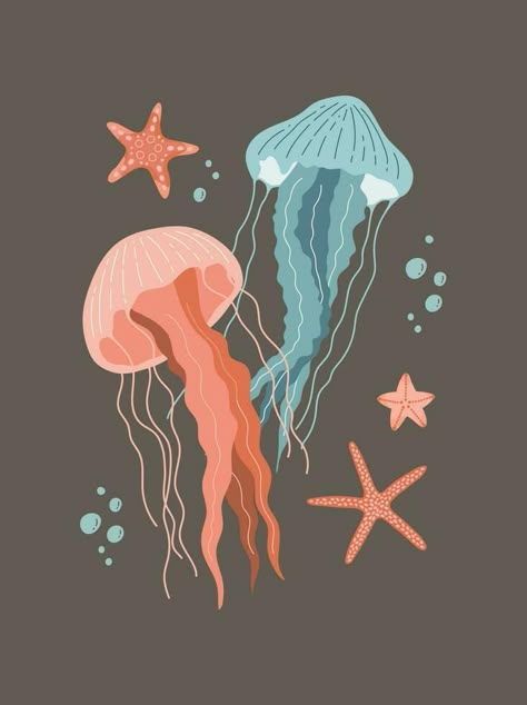 Jellyfish and sea stars vector illustration. Cartoon poster isolated on dark background. Ocean life background Background Ocean, Life Background, Jellyfish Illustration, Structure Paint, Stars Vector, Ocean Background, Ocean Illustration, Easy Animal Drawings, Warriors Illustration