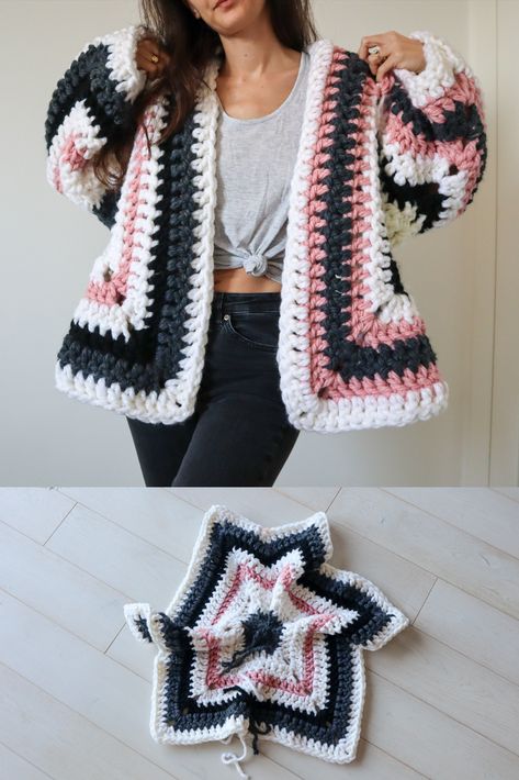 In this totally free crochet pattern, I'll show you how to creat a super chunky, statement cardigan that crochets up so fast...it's crazy! Plus now, there's a video tutorial to go with it! Crochet Solid Granny Square Cardigan, Super Chunky Hexagon Cardigan, Plus Size Granny Square Cardigan Pattern, Chunky Hexagon Cardigan Crochet, Chunky Granny Square Cardigan, Free Hexagon Cardigan Crochet Patterns, Crochet Granny Stitch Cardigan, Crochet Hexi Cardigan Pattern Free, Hexi Cardi Crochet Pattern Free