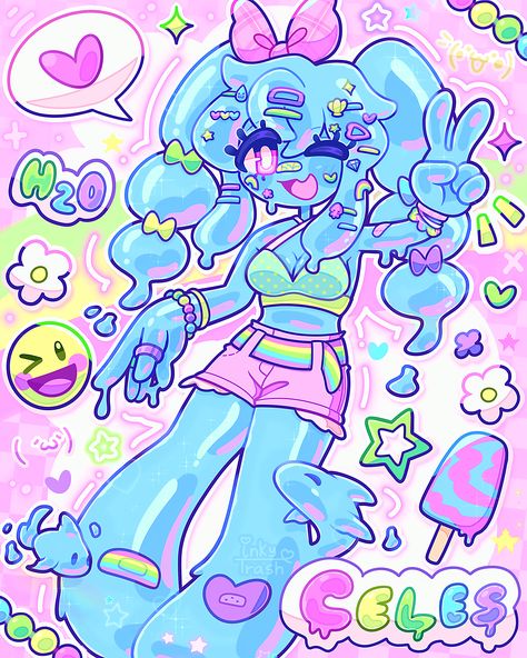 Cute Cartoonish Art Style, Loose Art Styles, Cute Oc Designs, Bright Art Style, Slime Girl Oc, Slime Girl Character Design, 2020 Art Style, Slime Girl Art, Character Design Ideas Inspiration