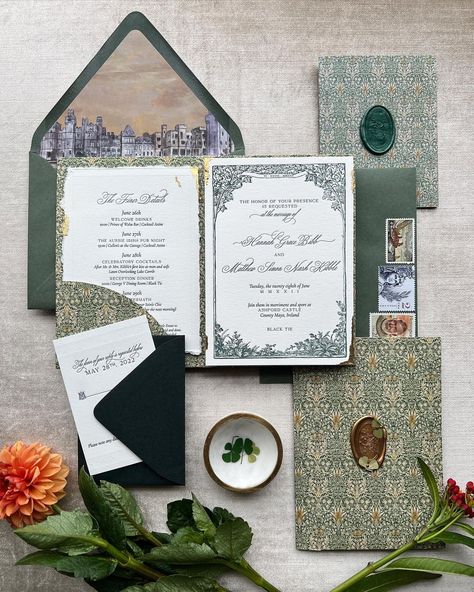 Papertree Studio on Instagram: “All the greens with a custom watercolor of the venue for this wedding in Ireland 🌿 #watercolor #irelandwedding #williammorris #waxseal…” William Morris Wedding, Irish Wedding Invitations, Wedding In Ireland, Ashford Castle, Bespoke Invitations, China Anne, Ireland Wedding, Reception Dinner, 2025 Wedding