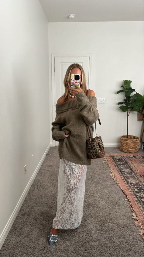 Women Lace Long Skirt Satin High … curated on LTK Lace Skirt With Sweater, Knit Long Skirt Outfit, Ivory Top Outfit, Long Lace Skirt Outfit, Lace Midi Skirt Outfit, Skirt And Jumper Outfit, Long Skirt Satin, Lace Skirt Outfit, Lace Long Skirt