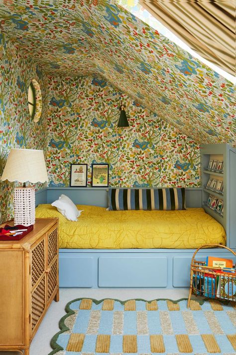 Matilda Goad’s tricks for decorating a room your kids will love Maximalist Kids Room, Bamboo Furniture Vintage, Yellow Kids Rooms, Matilda Goad, Bespoke Beds, Wallpaper Inspiration, Spare Room, Blue Bedroom, Terrace House