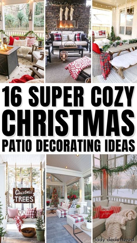 16 Super Cozy Christmas Patio Decorating Ideas Christmas Decor Screened Porch, Enclosed Porch Christmas Decor, Holiday Patio Decor, Christmas Screened Porch Decor, Christmas Screened In Porch, Holiday Deck Decorating Ideas, Back Deck Christmas Decor, Christmas Screen Porch Decorating Ideas, Small Patio Christmas Lights